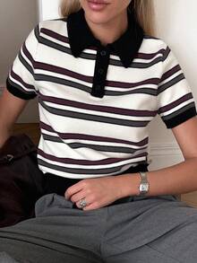 DAZY Áo dệt kim tay ngắn cổ polo kẻ sọc tương phản, ôm dáng, thích hợp mặc thường ngày hoặc trang trọng, mùa xuân/thu cho nữ. - trắng - Xem 3
