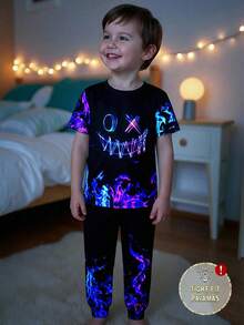 SHEIN 两件套男童贴身夜光火焰图案圆领长袖T恤和裤子睡衣套装 - 黑色 - 查看 12