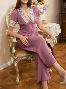 优雅的法式蕾丝睡衣，浪漫的蕾丝拼接荷叶边睡衣，迷人女士睡衣套装 - 藕粉色 - 查看 5