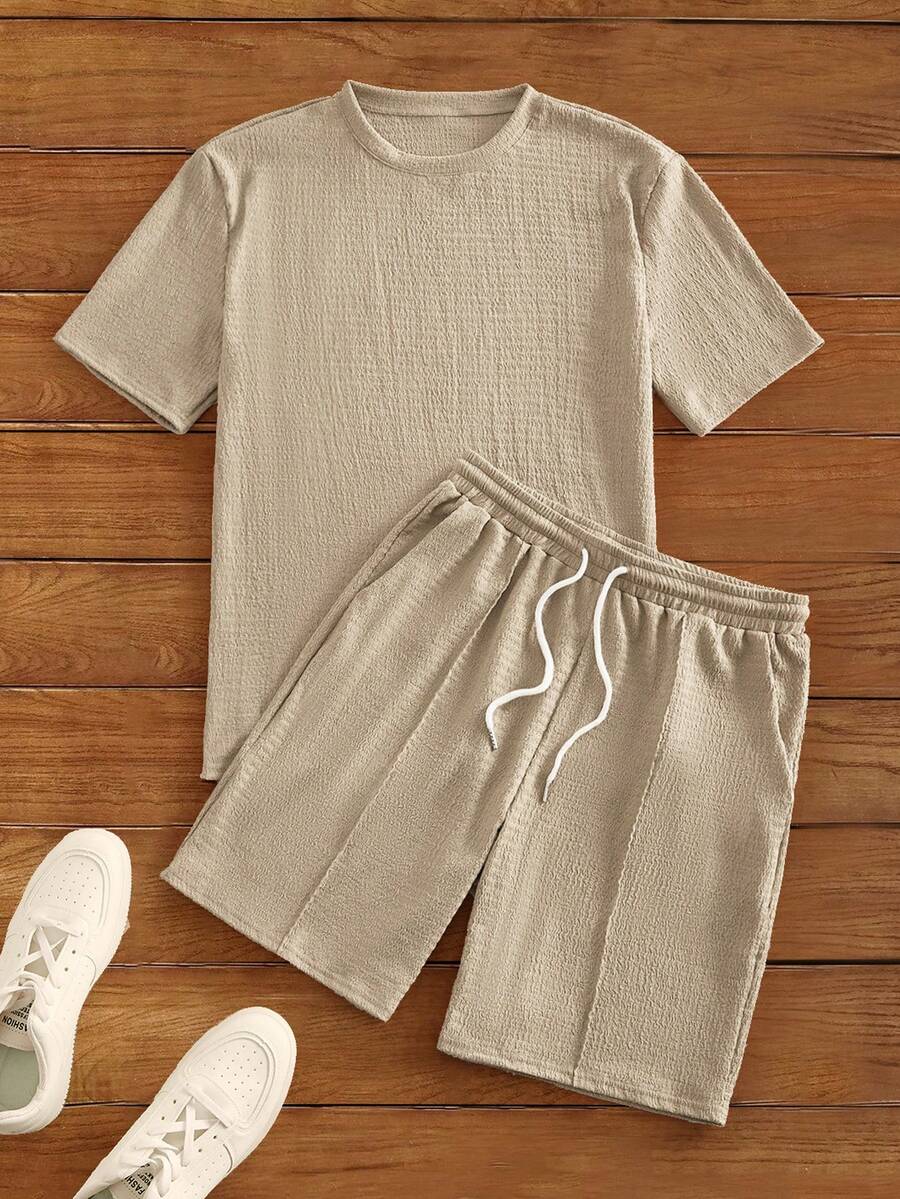 HIMLAND Men T-Shirt Co-Ords Multi-Piece Set  Daily Essential Wardrobe Staple Basic Style All-Match Style Go-To Piece Mix-And-Match Item Casual Versatile Style  Daily Essential Wardrobe Staple Basic Style All-Match Style Go-To Piece Mix-And-Match Item Casual Versatile Style Summer Wardrobe Essentials Casual Outfit Ideas Laid-Back Look Premium Textured Fabric - Khaki - View 1