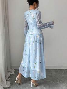 Modelyn V-Neck Ruched Lantern Sleeve Women's Dress - Blue - View 2