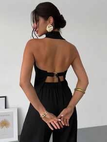 Firerie 女士优雅新款春夏通勤两件套，复古现代不对称领无袖露背蝴蝶结装饰修身黑色办公两件套，适合音乐会、嘉年华、派对等场合，女士嘉年华两件套 - 黑色 - 查看 4