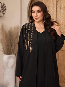 Al Najma Plus Size Women V-Neck Tassel Decor Casual Daily Wear Long Sleeve Arabic Robe - Black - View 7