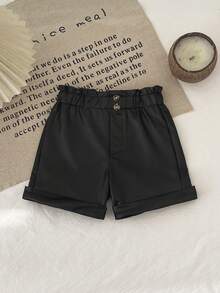 新款黑色女婴皮短裤，裤脚饰有纽扣，舒适、时尚、优雅、甜美可爱，是日常出行的必备单品。 - 黑色 - 查看 1