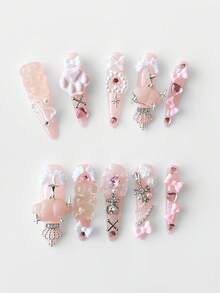 ROMWE Kawaii 10片可爱小熊手工假指甲 + 3片双面胶，可移除Y2K蝴蝶结猫爪星星云朵元素贴纸，钻石手绘长杏仁形假指甲，高品质肉粉色美甲，适合节日派对、舞会和日常佩戴 - 肉粉色 - 查看 3