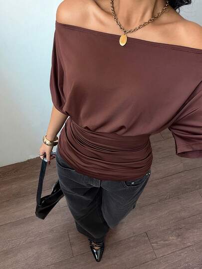 Siren Gaze 女士纯色露肩褶皱时尚百搭通勤短袖上衣