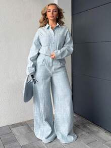 Jeta Ari Autumn New Women's Chambray Denim Drop Shoulder Long Sleeve Wide Leg Denim Jumpsuit, Retro, Business Casual Women's Wear, 90s Fashion, Light Blue, Mopping Pants, Wide Leg Denim Jumpsuit, Suitable For Going Out And Partying - Blue - View 1