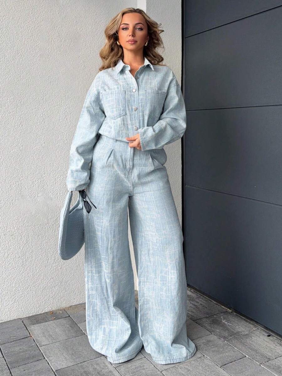 Jeta Ari Autumn New Women's Chambray Denim Drop Shoulder Long Sleeve Wide Leg Denim Jumpsuit, Retro, Business Casual Women's Wear, 90s Fashion, Light Blue, Mopping Pants, Wide Leg Denim Jumpsuit, Suitable For Going Out And Partying - Blue - View 1