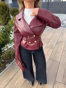 Jeta Ari Contrast Color Minimalist Jacket, Long Sleeve Outerwear For Early Autumn,Burgundy Coat,Chic Women's Jacket,Going Out Outfit,New Year Women's Clothes,Christmas Clothes,Women's Winter Jacket,Women's Winter Clothes,Fall Clothes For Women,Ankora Old Money Style Jacket,Wine Red PU Jacket For Commuting And Casual Elegant,Metal Button Waisted PU Jacket - Burgundy - View 4