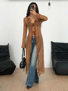 Coolane Abrigo largo con tirantes de malla, volantes y cinta para mujer, estilo rave, renacimiento, hippie, festival de música Gyaru, para otoño/todo el año - Marrón Mocha - Ver 4