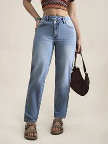 SHEIN Tall 女士休闲日常通勤时尚街头百搭重叠腰部紧身牛仔裤 - 藍色 - 查看 5