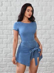 Flexra Women's Casual Tie-Up Wrap Denim Dress, Summer - Light Wash - View 5