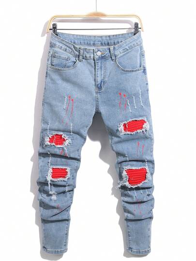 Manfinity LEGND Herren Slim Fit Zerrissene Taschen Lässig Jeans, Herren Zerrissene Jeans Streetwear Jeans