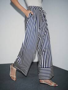 Lumivelle Women's Striped Elastic Waist Drawstring Loose Casual Pants, Spring/Summer - Blue - View 1