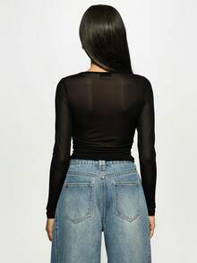 MISSGUIDED Crystal Embellished Long Sleeve Sheer Mesh Top With Rhinestone Details For Evening Party Occasions - Black - View 2