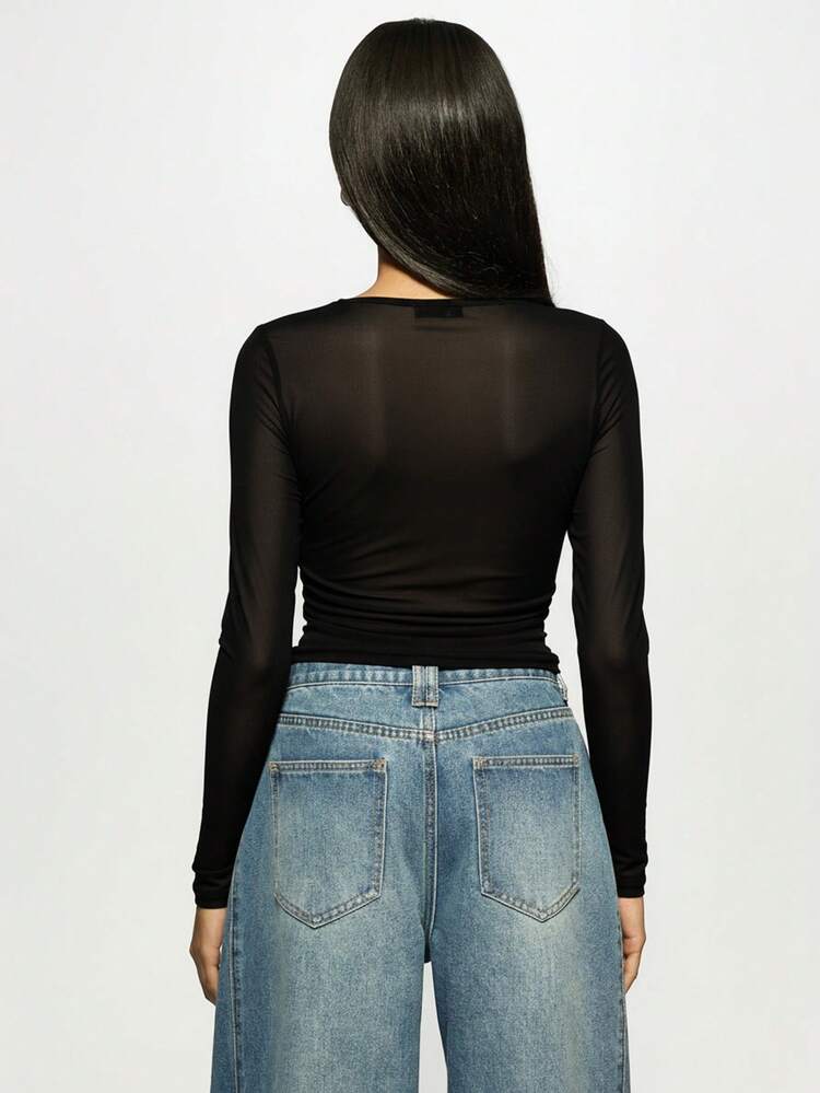 MISSGUIDED クリスタル装飾 長袖シアーメッシュトップ ラインストーン付き イブニングパーティー用