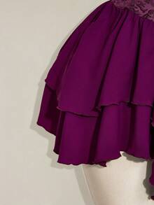 SHEIN ICON 女士白色褶皱提花腰带拼接褶皱荷叶边吊带露肩多层荷叶边下摆A字雪纺迷你连衣裙，优雅适合派对和休闲场合 - 紫色 - 查看 9