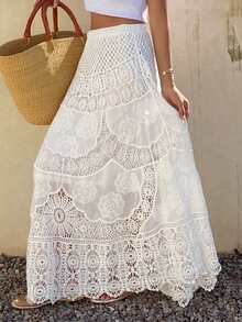 Livesso 轻盈镂空针织钩编白色半身裙，优雅波西米亚风格，适合海滩、婚礼、休闲、通勤、春夏穿着。 - 白色 - 查看 4