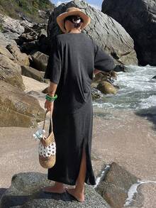 Livesso 春夏宽松休闲度假沙滩装套头衫和A字裙套装，优雅通勤之选。 - 深灰色 - 查看 6