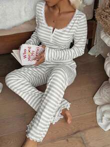 SHEIN Lace Trim Square Collar 2-Button Striped Print Long Sleeve Curve Pajamas Set , Fall & Winter Clothes