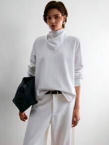 ATUI Studio 女士条纹系带长袖休闲通勤衬衫 - 白色 - 查看 3