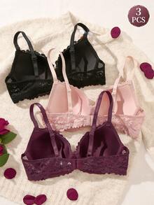 3pcs/Set Lace Women's Underwire Bra, Valentine's Day - Multicolor - View 2