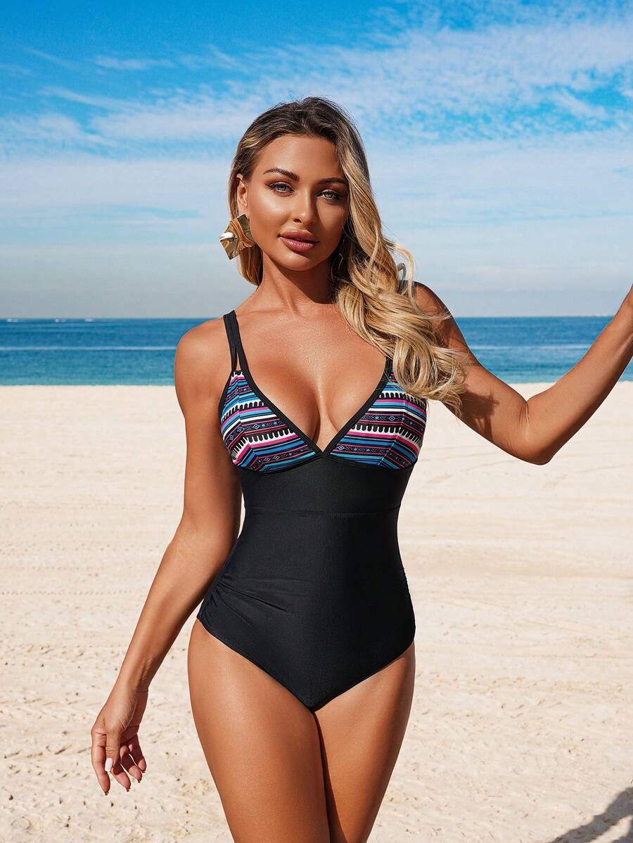 Swim Lushoire 2026 Women Summer Beach Casual Holiday Geometric Retro Print V-Neck Fitted Stylish Mature Sexy One-Piece Swimsuit - Black - View 1