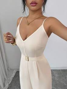 Rafferiza Stylish And Elegant Suspender Jumpsuit With Metal Buckle Detail At The Waist, Apricot Wide-Leg Pants, Women's Spring And Summer Elegant Jumpsuit, Women's Summer Outfit, Women's Casual Wear, Women's Apricot Jumpsuit Summer Clothing - Apricot - View 5