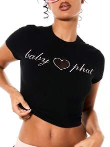 BABYPHAT 婴儿爱心印花短袖露脐T恤，镂空细节和罗纹纹理，适合情人节休闲夏季穿着 - 黑色 - 查看 5