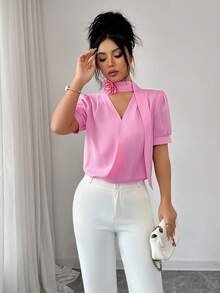 Rafferiza Women's Soft Pink Elegant Summer Blouse,Short-Sleeved V-Neck Cross-Sleeve Top With Three-Dimensional Rose Flowers & Sash,Perfect For Party & Casual - Pink - View 3
