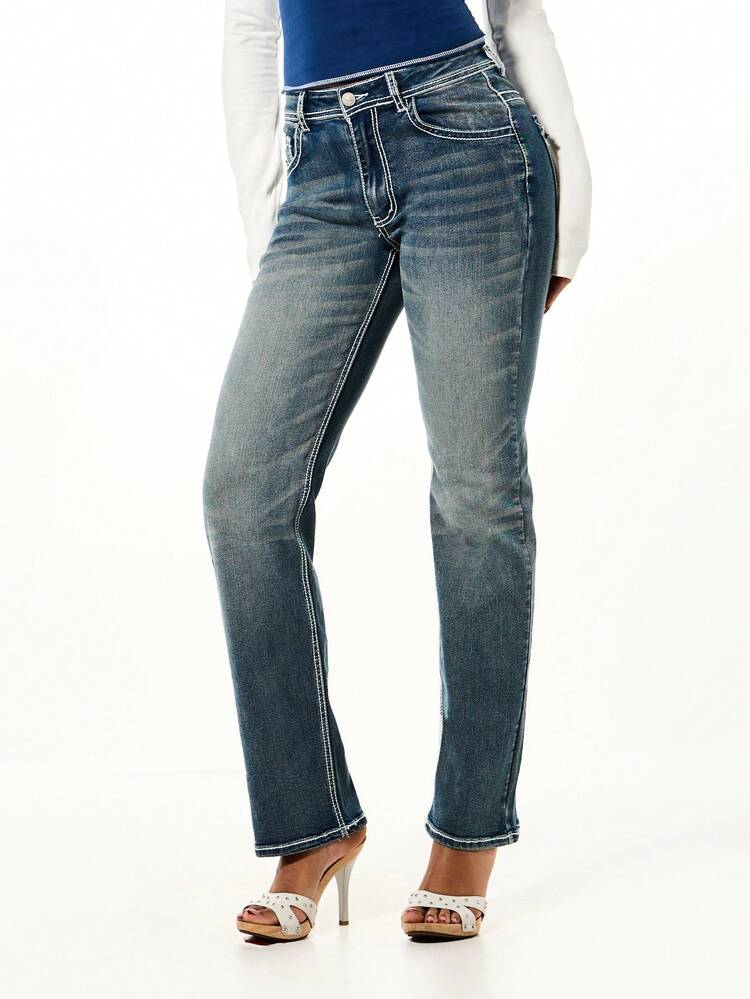 BABYPHAT Women's High Rise Straight Leg Stretch Denim Jeans With Embroidered Back Pocket Details Bootcut Jeans Jeans With Embroidery Women's Jean