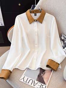 GlowEve Women's Casual & Commute Patchwork Denim Effect Shirt, Autumn/Winter - Apricot - View 3