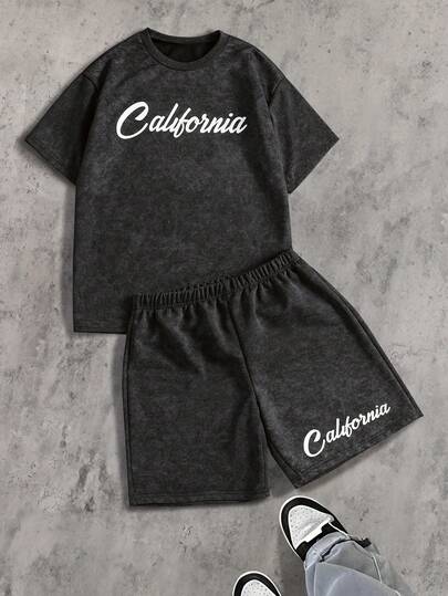 Coolqubz 2件套青少年男童简约时尚英文印花圆领T恤和短裤套装，宽松修身款，抓绒面料，适合多个季节和场合。