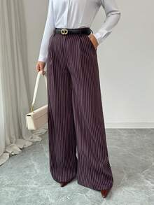 Modelyn Spring/Summer Casual And Elegant Commuting, Daily Dates, Birthday Parties, Office Attire, Simple High-Waisted Side Pockets, Wide-Leg Pants, Long Pants, Dark Wine Red, White Striped Woven Pants, Women's Long Pants Wide Leg Pants Pants Women Stripe Pants Palazzo Pants - Brown - View 1