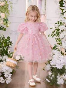 Glamorique Kids 女童3D立体花卉网纱连衣裙，泡泡袖设计