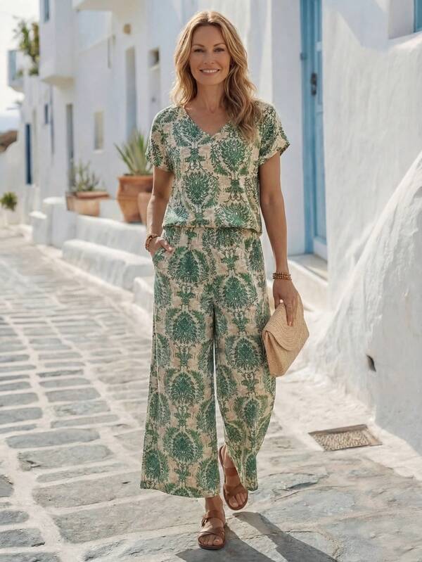 Faunlyn Women's Summer Vintage Printed Casual Vacation Shirt And Wide Leg Pants With Pocket 2pcs Set