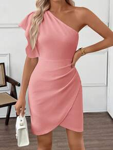 Miaspire Women's Elegant Solid Color Wrap Around Sleeveless Mini Dress, Summer Vacation Outfit For Women Spring Sunmmer One Shoulder Dress One Sleeve Dress - Dusty Pink - View 1