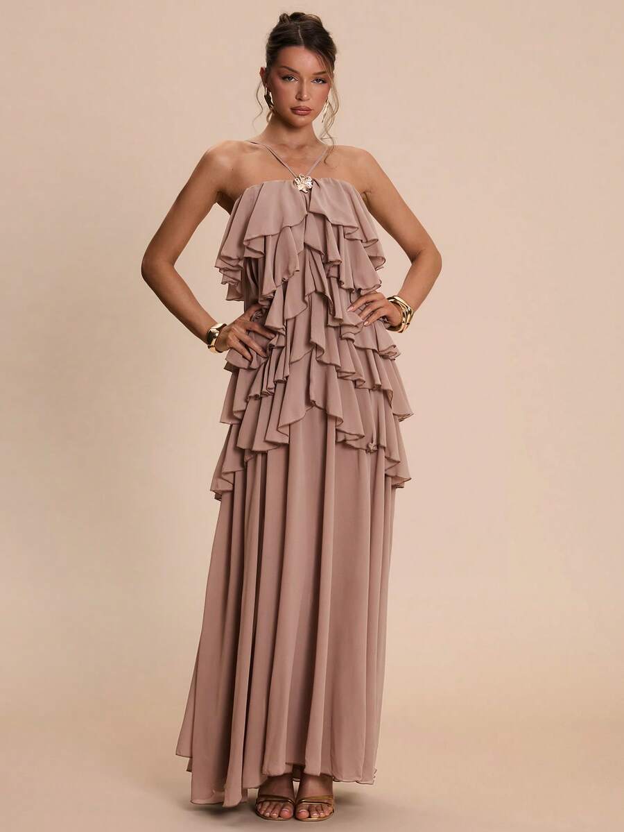 SHEIN BAE 卡其色露背荷叶边A字连衣裙，浪漫约会连衣裙，派对连衣裙，伴娘礼服，舞会礼服，生日连衣裙，春夏款 - 卡其色 - 查看 1