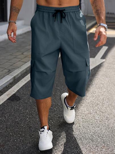 Manfinity Homme 加大码男士纯色抽绳腰带口袋休闲百搭通勤七分裤