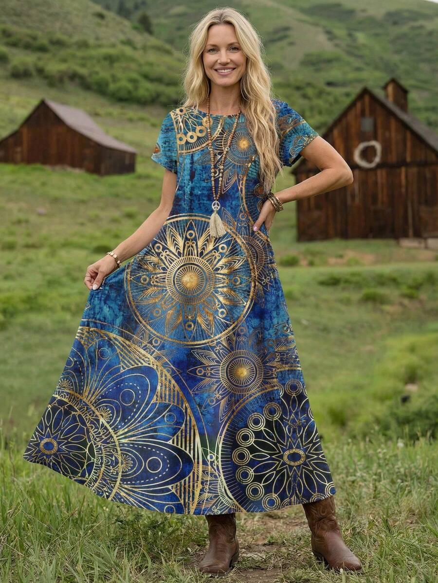 SHEIN LUNE Women's Casual Retro Pattern Spring/Summer Dress, Gradient Print, Round Print Chic Dress - Multicolor - View 1