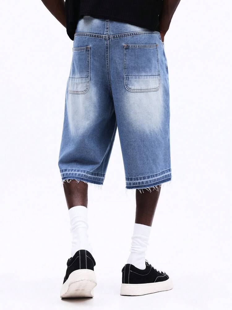 Oversized Light Wash Denim Jorts With Frayed Hem