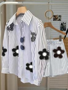 Resyla Women's Striped Rhinestone Decor Shirt And Shorts 2 Piece Set, Casual Minimalist Fashion Outfit - Multicolor - View 3