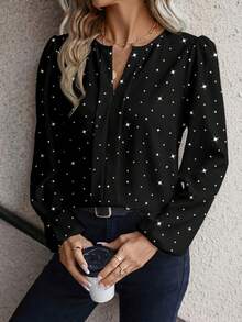 EMERY ROSE Casual Minimalist Women Shiny Sequin Star Print Shirt, Suitable For Spring/Autumn, Outings, Parties, New Year Atmosphere, Chic Carnival - Multicolor - View 4