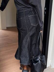 DAZY Women's Regular Mid-Waist Fishtail Skirt, Elegant Denim A-Line Skirt - Dark Wash - View 5