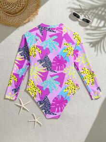 SHEIN Bộ đồ bơi liền thân mới năm 2025 dành cho bé gái tuổi teen, họa tiết da báo và lá cây, kiểu dáng giản dị, thời trang và dễ thương, thanh lịch và tinh tế, thích hợp cho bơi lội và kỳ nghỉ hè. - Nhiều màu - Xem 2