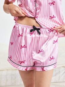 Bonmuse 2件組緞面條紋蝴蝶結印花短袖領上衣與蝴蝶結短褲女款睡衣套裝，春夏居家休閒服，夏季兩件套 - 粉色 - 查看 6