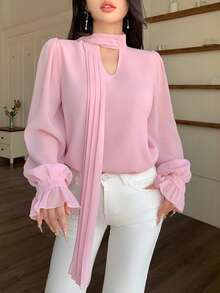 Modelyn 优雅雪纺系领长袖衬衫，显瘦优雅，适合秋季穿着，粉色 - 粉色 - 查看 3