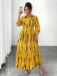 SHEIN LUNE 大码女式 V 领纽扣式 3/4 袖宽松褶皱长裙，蓝白竖条纹印花，百搭优雅，适合度假、海滩、通勤、旅行等场合 - 黃色 - 查看 3