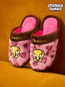 LOONEY TUNES X Joivida 1雙豹紋絨毛拖鞋，手工刺繡字母，平底防滑室內鞋女款，適合學生宿舍、居家、辦公室地毯，冬季保暖，舒適禮物 - 豹紋 - 查看 4