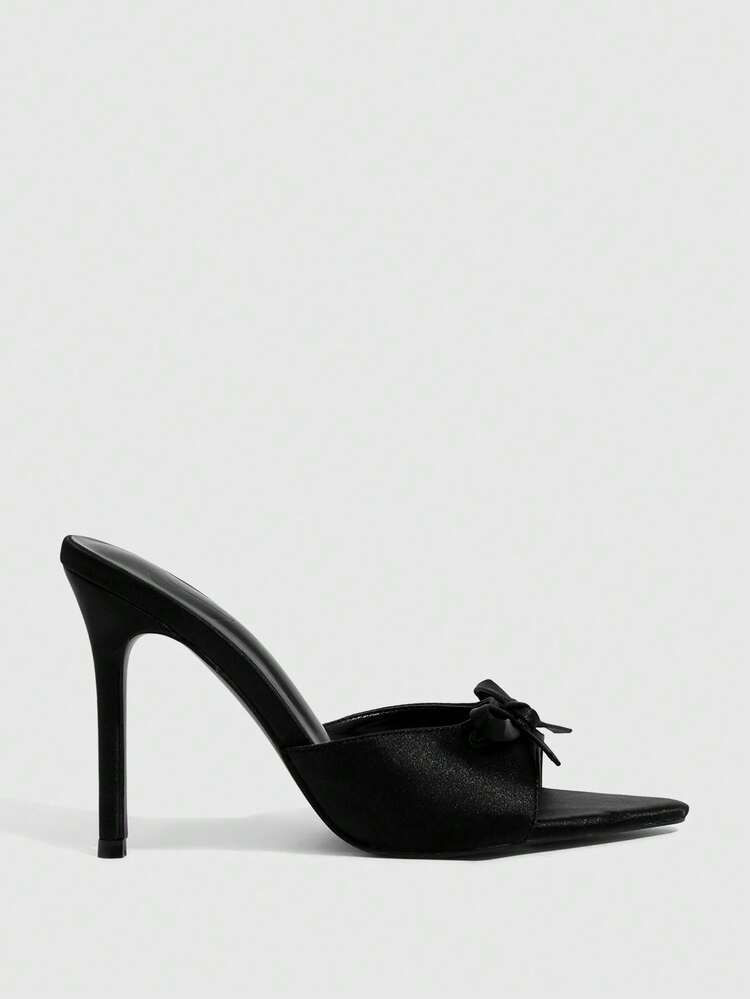 CUCCOO CHICEST Women Shoes Black Satin Satin Spring And Summer Bow Element Fashionable Sexy Pointed Stiletto Slippers Summer Shoes
